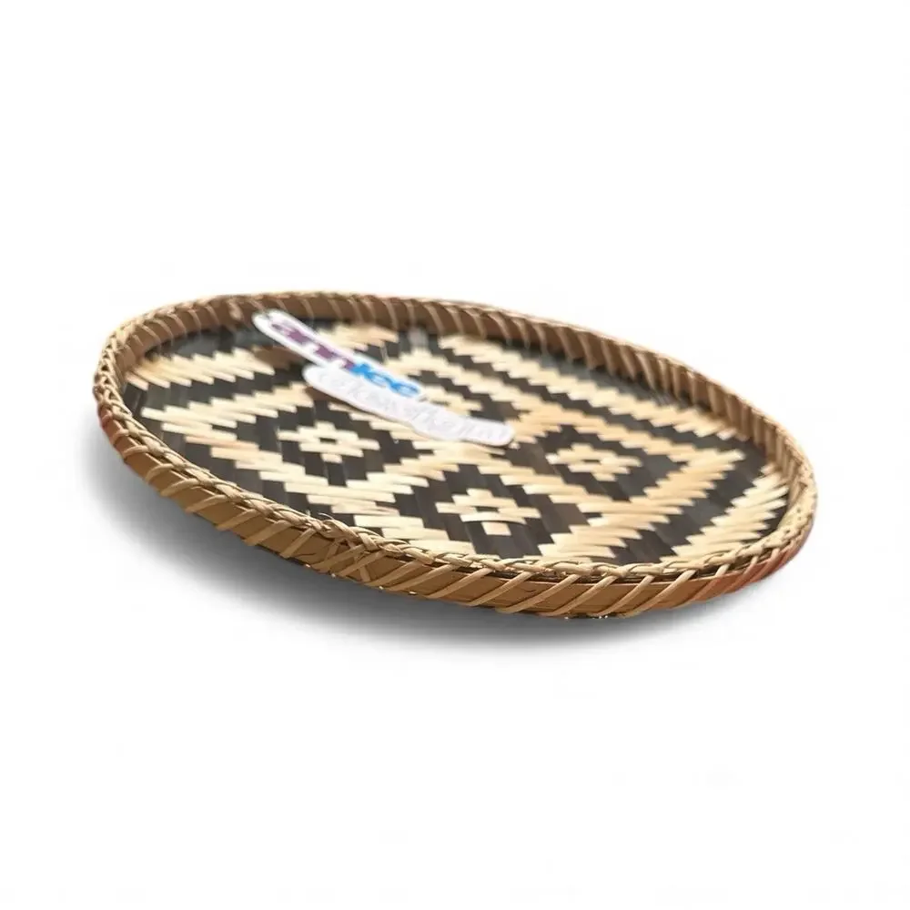 Ann Lee Designs handwoven bamboo Weave basket tray Black Diamond 14”x14x1”